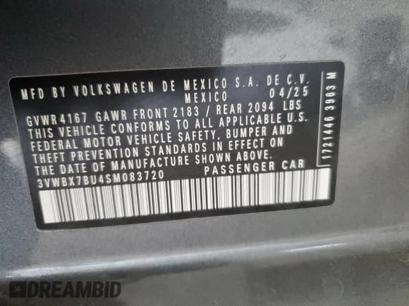 ✅ 2025 Volkswagen Jetta Sport • VIN: 3VWBX7BU4SM083720 • Lot: 89842485. Listed on Copart with 7,798 mi. Free auction sales archive from the USA and detailed vehicle history report at DreamBid. Image 13.