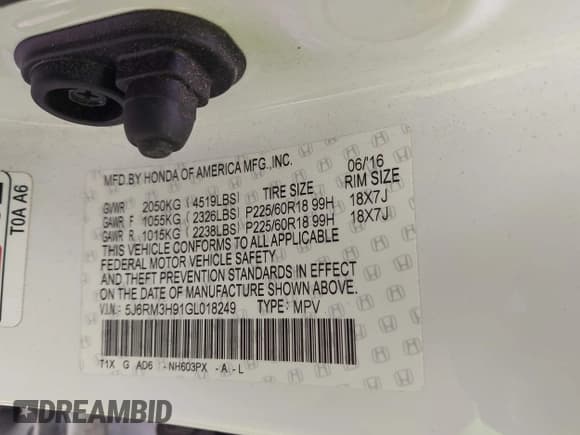 ✅ 2016 Honda CR-V Touring • VIN: 5J6RM3H91GL018249 • Lot: 43543411. Listed on IAAI with 61,037 mi. Free auction sales archive from the USA and detailed vehicle history report at DreamBid. Image 9.