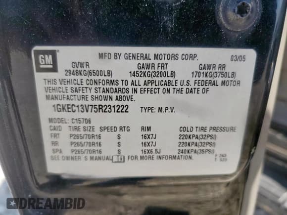 ✅ 2005 GMC Yukon SLE • VIN: 1GKEC13V75R231222 • Lot: 67214365. Listed on Copart with 149,067 mi. Free auction sales archive from the USA and detailed vehicle history report at DreamBid. Image 13.