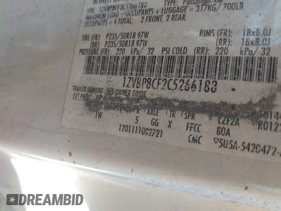 ✅ 2012 Ford Mustang GT Premium • VIN: 1ZVBP8CF2C5266188 • Lot: 43633639. Listed on IAAI with 137,769 mi. Free auction sales archive from the USA and detailed vehicle history report at DreamBid. Image 9.