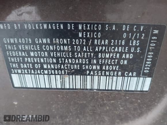 ✅ 2012 Volkswagen Jetta S • VIN: 3VW2K7AJ4CM368067 • Lot: 42575014. Listed on IAAI with 322,318 mi. Free auction sales archive from the USA and detailed vehicle history report at DreamBid. Image 9.