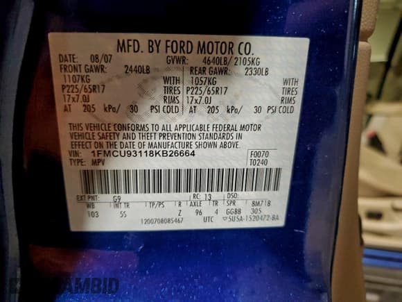 ✅ 2008 Ford Escape XLT • VIN: 1FMCU93118KB26664 • Lot: 93609045. Listed on Copart with 128,888 mi. Free auction sales archive from the USA and detailed vehicle history report at DreamBid. Image 13.