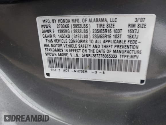 ✅ 2007 Honda Odyssey EX-L • VIN: 5FNRL38727B065333 • Лот: 43800819. Опубликован ранее на IAAI с пробегом 207 037 миль. Бесплатный доступ к архиву аукционных продаж из США и подробный отчёт об истории автомобиля на DreamBid. Изображение 9.