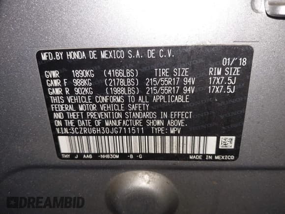 ✅ 2018 Honda HR-V LX • VIN: 3CZRU6H30JG711511 • Lot: 42787925. Listed on IAAI with 102,744 mi. Free auction sales archive from the USA and detailed vehicle history report at DreamBid. Image 9.