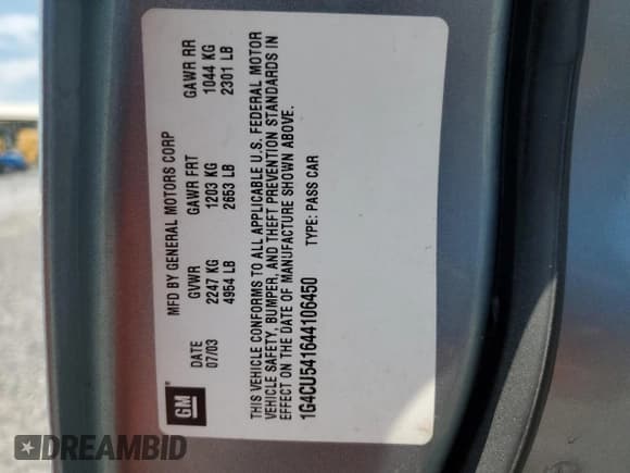 ✅ 2004 Buick Park Avenue Ultra • VIN: 1G4CU541644106450 • Lot: 63510575. Listed on Copart with 151,327 mi. Free auction sales archive from the USA and detailed vehicle history report at DreamBid. Image 13.