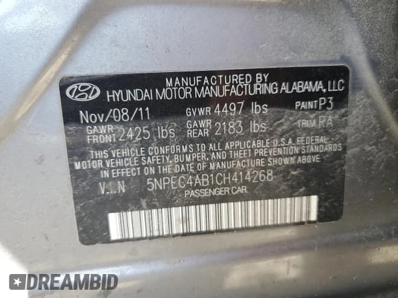 ✅ 2012 Hyundai Sonata Limited • VIN: 5NPEC4AB1CH414268 • Lot: 75831364. Listed on Copart with 305,336 mi. Free auction sales archive from the USA and detailed vehicle history report at DreamBid. Image 12.