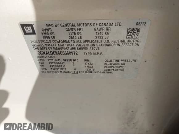 2012 Chevrolet Equinox 1LT z VIN 2GNALDEK6C6360972, wystawiony jako IAAI lot #43310820 z przebiegiem 175 506 mil mil oraz . Historia ofert i sprzedaży dostępna na DreamBid. Obrazek 9.