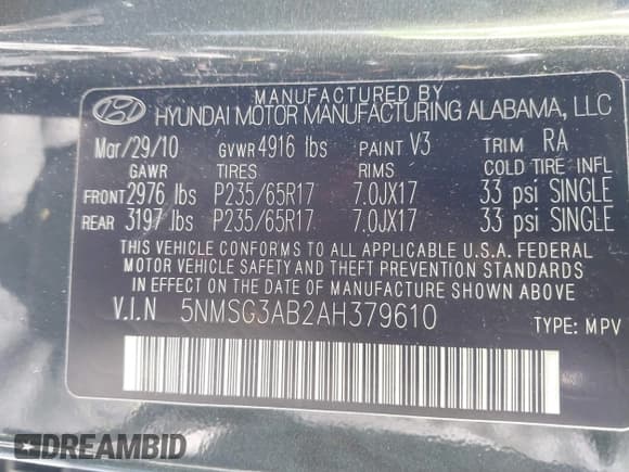 ✅ 2010 Hyundai Santa Fe GL • VIN: 5NMSG3AB2AH379610 • Lot: 41636140. Listed on IAAI with 154,539 mi. Free auction sales archive from the USA and detailed vehicle history report at DreamBid. Image 9.