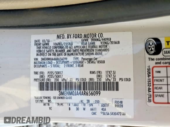 ✅ 2010 Mercury Milan Premier • VIN: 3MEHM0JA4AR656099 • Lot: 59639005. Wystawiony na Copart z przebiegiem 234 003 mil. Bezpłatny archiwum sprzedaży aukcyjnych z USA i szczegółowy raport historii pojazdu na DreamBid. Zdjęcie 12.