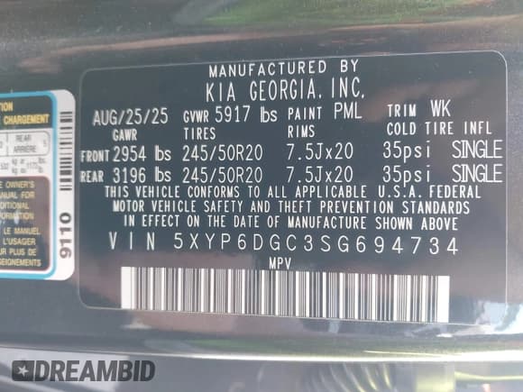 ✅ 2025 Kia Telluride S • VIN: 5XYP6DGC3SG694734 • Lot: 43486739. Listed on IAAI with 2,197 mi. Free auction sales archive from the USA and detailed vehicle history report at DreamBid. Image 9.