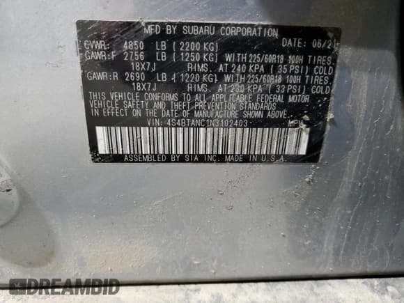 ✅ 2022 Subaru Outback Limited • VIN: 4S4BTANC1N3102403 • Лот: 93532825. Опубликован ранее на Copart с пробегом 63 914 миль. Бесплатный доступ к архиву аукционных продаж из США и подробный отчёт об истории автомобиля на DreamBid. Изображение 13.