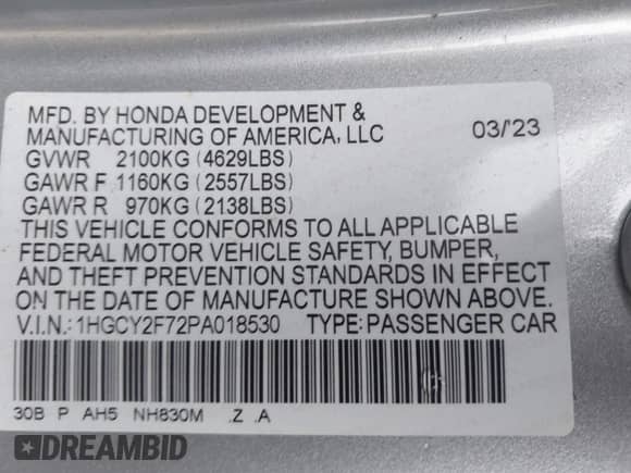 2023 Honda Accord Sport-L with VIN 1HGCY2F72PA018530, listed as a IAAI auction lot 43537747 with 40,698 mi miles and . Bid and sale history available at DreamBid. Image 9.