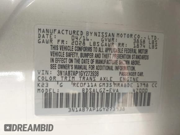 ✅ 2016 Nissan Sentra SV • VIN: 3N1AB7AP1GY273938 • Lot: 43102514. Listed on IAAI with 98,297 mi. Free auction sales archive from the USA and detailed vehicle history report at DreamBid. Image 9.