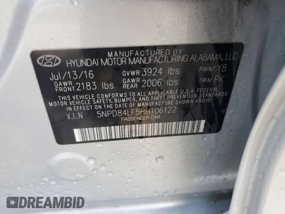 2017 Hyundai Elantra SE with VIN 5NPD84LF5HH106122, listed as a Copart auction lot 69241885 with 69,565 mi miles and Salvage title. Bid and sale history available at DreamBid. Image 12.