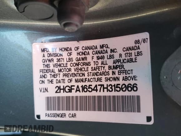 ✅ 2007 Honda Civic LX • VIN: 2HGFA16547H315066 • Лот: 82526705. Опубликован ранее на Copart с пробегом 214 228 миль. Бесплатный доступ к архиву аукционных продаж из США и подробный отчёт об истории автомобиля на DreamBid. Изображение 13.