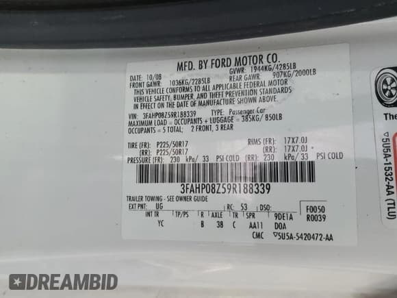 ✅ 2009 Ford Fusion SEL • VIN: 3FAHP08Z59R188339 • Лот: 66197785. Опубликован ранее на Copart с пробегом 127 564 миль. Бесплатный доступ к архиву аукционных продаж из США и подробный отчёт об истории автомобиля на DreamBid. Изображение 12.