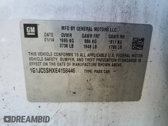 2014 Chevrolet Sonic LT с VIN 1G1JC5SHXE4158446, выставлен на аукционе Copart как лот 69762364 с пробегом 125 356 миль миль и Списание • Salvage title. История ставок и продаж доступна на DreamBid. Изображение 12.