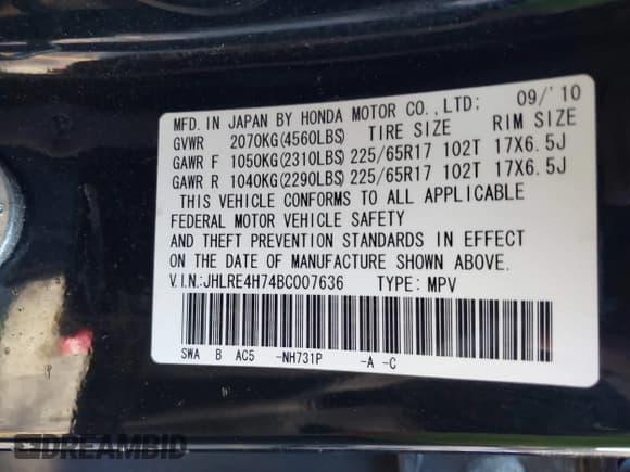 ✅ 2011 Honda CR-V EX-L • VIN: JHLRE4H74BC007636 • Lot: 43557535. Listed on IAAI with 247,944 mi. Free auction sales archive from the USA and detailed vehicle history report at DreamBid. Image 9.