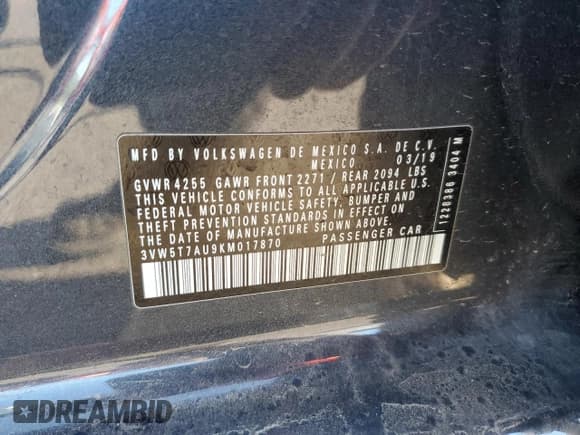 ✅ 2019 Volkswagen Golf GTI S • VIN: 3VW5T7AU9KM017870 • Lot: 82296105. Listed on Copart with 83,236 mi. Free auction sales archive from the USA and detailed vehicle history report at DreamBid. Image 14.