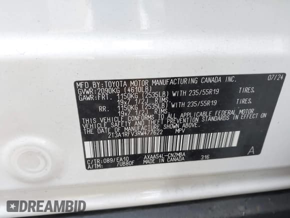 ✅ 2024 Toyota RAV4 XLE Premium • VIN: 2T3A1RFV3RW477622 • Lot: 43746616. Listed on IAAI with 17,686 mi. Free auction sales archive from the USA and detailed vehicle history report at DreamBid. Image 9.