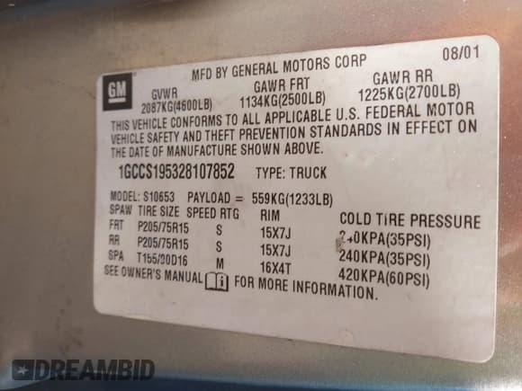 ✅ 2002 Chevrolet S-10 Fleet • VIN: 1GCCS195328107852 • Лот: 41361370. Опубликован ранее на IAAI с пробегом Не указан. Бесплатный доступ к архиву аукционных продаж из США и подробный отчёт об истории автомобиля на DreamBid. Изображение 9.