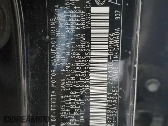 ✅ 2005 Toyota Corolla CE • VIN: 2T1BR30E75C335247 • Lot: 92727495. Wystawiony na Copart z przebiegiem 140 389 mil. Bezpłatny archiwum sprzedaży aukcyjnych z USA i szczegółowy raport historii pojazdu na DreamBid. Zdjęcie 12.