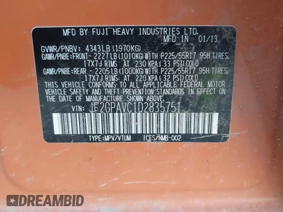 ✅ 2013 Subaru Crosstrek Premium • VIN: JF2GPAVC1D2835751 • Lot: 40911091. Listed on IAAI with 104,066 mi. Free auction sales archive from the USA and detailed vehicle history report at DreamBid. Image 9.