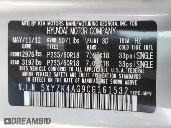 ✅ 2012 Hyundai Santa Fe Limited • VIN: 5XYZK4AG9CG161532 • Lot: 70388424. Listed on Copart with 75,794 mi. Free auction sales archive from the USA and detailed vehicle history report at DreamBid. Image 13.