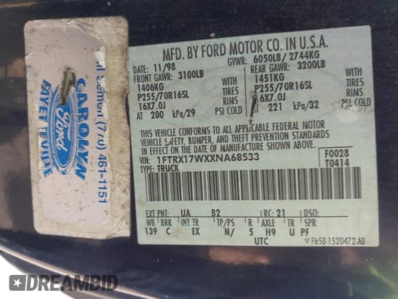 ✅ 1999 Ford F-150 • VIN: 1FTRX17WXXNA68533 • Lot: 43780364. Listed on IAAI with Not provided. Free auction sales archive from the USA and detailed vehicle history report at DreamBid. Image 9.