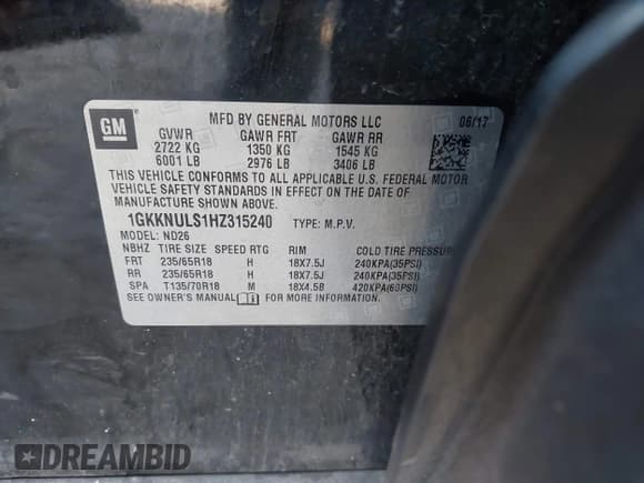 ✅ 2017 GMC Acadia SLT • VIN: 1GKKNULS1HZ315240 • Lot: 43769169. Listed on IAAI with 103,813 mi. Free auction sales archive from the USA and detailed vehicle history report at DreamBid. Image 9.