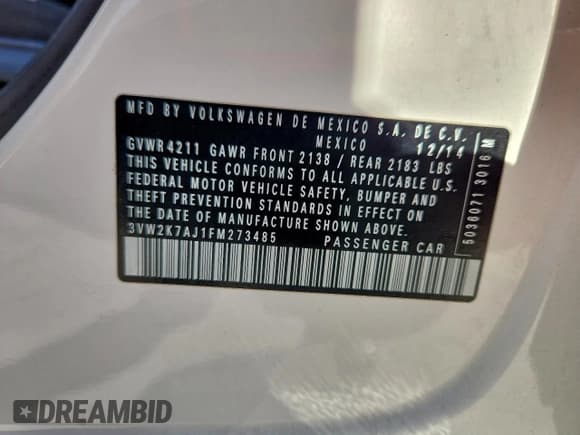 ✅ 2015 Volkswagen Jetta S • VIN: 3VW2K7AJ1FM273485 • Lot: 95106435. Wystawiony na Copart z przebiegiem 152 209 mil. Bezpłatny archiwum sprzedaży aukcyjnych z USA i szczegółowy raport historii pojazdu na DreamBid. Zdjęcie 12.