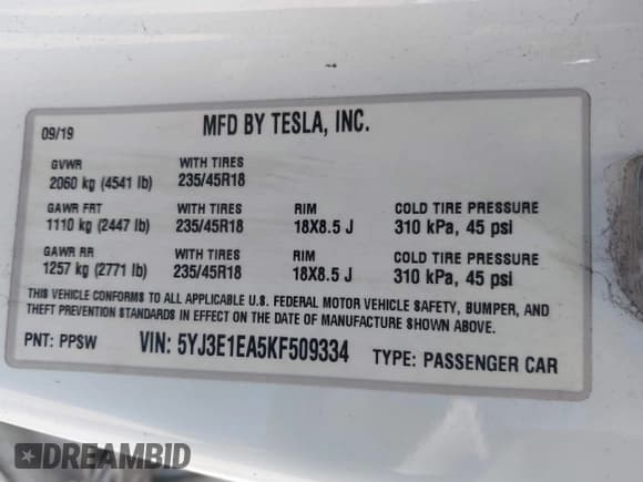 ✅ 2019 Tesla Model 3 Mid Range • VIN: 5YJ3E1EA5KF509334 • Лот: 41916361. Опубликован ранее на IAAI с пробегом 108 083 миль. Бесплатный доступ к архиву аукционных продаж из США и подробный отчёт об истории автомобиля на DreamBid. Изображение 9.