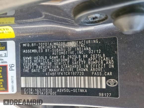 2012 Toyota Camry L with VIN 4T4BF1FK1CR197720, listed as a Copart auction lot 84947945 with 188,417 mi miles and Clean title. Bid and sale history available at DreamBid. Image 12.