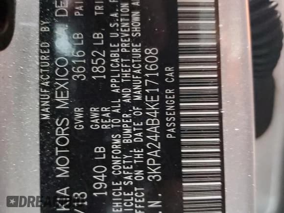 ✅ 2019 Kia Rio S • VIN: 3KPA24AB4KE171608 • Lot: 90606155. Wystawiony na Copart z przebiegiem 50 185 mil. Bezpłatny archiwum sprzedaży aukcyjnych z USA i szczegółowy raport historii pojazdu na DreamBid. Zdjęcie 13.