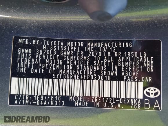 ✅ 2014 Toyota Corolla LE • VIN: 5YFBURHE4EP030018 • Lot: 43406233. Listed on IAAI with 122,500 mi. Free auction sales archive from the USA and detailed vehicle history report at DreamBid. Image 9.