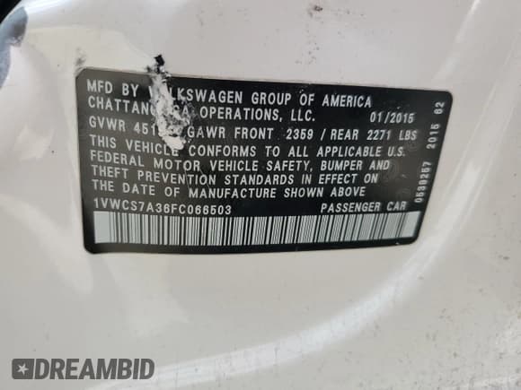 ✅ 2015 Volkswagen Passat SEL Premium • VIN: 1VWCS7A36FC066503 • Lot: 61176555. Listed on Copart with 92,944 mi. Free auction sales archive from the USA and detailed vehicle history report at DreamBid. Image 12.