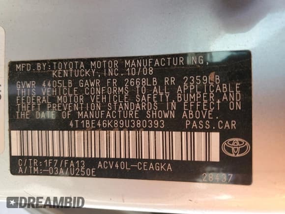 ✅ 2009 Toyota Camry • VIN: 4TABE46K89U390393 • Лот: 48439865. Опубликован ранее на Copart с пробегом 203 802 миль. Бесплатный доступ к архиву аукционных продаж из США и подробный отчёт об истории автомобиля на DreamBid. Изображение 12.