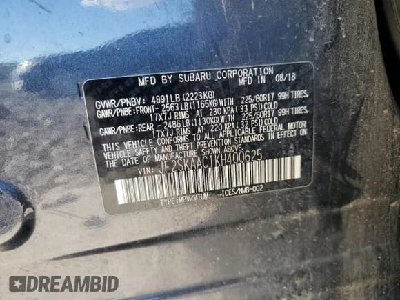 ✅ 2019 Subaru Forester • VIN: JF2SKAAC1KH400625 • Lot: 84035385. Listed on Copart with 137,948 mi. Free auction sales archive from the USA and detailed vehicle history report at DreamBid. Image 13.