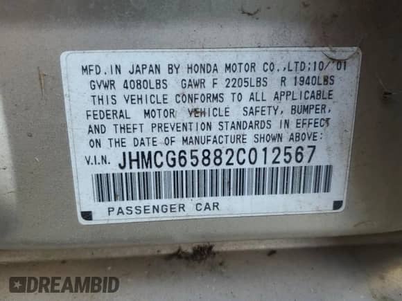 2002 Honda Accord EX с VIN JHMCG65882C012567, выставлен на аукционе Copart как лот 46550805 с пробегом 424 764 миль миль и Списание • Salvage title. История ставок и продаж доступна на DreamBid. Изображение 12.