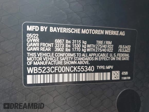 ✅ 2022 BMW iX xDrive50 • VIN: WB523CF00NCK55340 • Лот: 42018610. Опубликован ранее на IAAI с пробегом 54 778 миль. Бесплатный доступ к архиву аукционных продаж из США и подробный отчёт об истории автомобиля на DreamBid. Изображение 9.