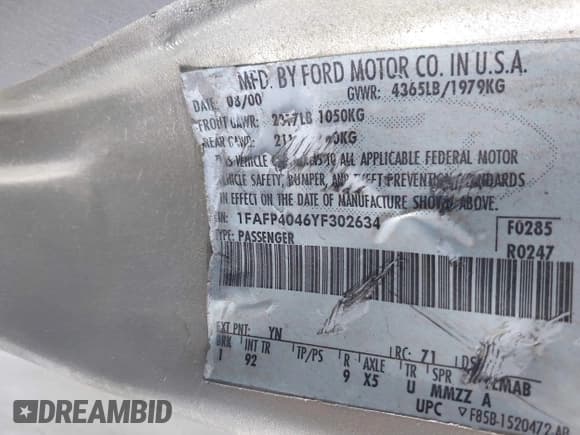 ✅ 2000 Ford Mustang • VIN: 1FAFP4046YF302634 • Лот: 43552678. Опубликован ранее на IAAI с пробегом 216 260 миль. Бесплатный доступ к архиву аукционных продаж из США и подробный отчёт об истории автомобиля на DreamBid. Изображение 9.