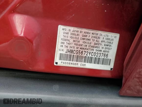 ✅ 2000 Honda Accord SE • VIN: JHMCG5672YC023766 • Lot: 66357845. Listed on Copart with 225,480 mi. Free auction sales archive from the USA and detailed vehicle history report at DreamBid. Image 12.