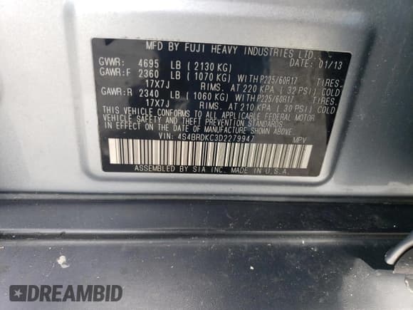 ✅ 2013 Subaru Outback Limited • VIN: 4S4BRDKC3D2279947 • Lot: 56394975. Listed on Copart with 252,632 mi. Free auction sales archive from the USA and detailed vehicle history report at DreamBid. Image 13.