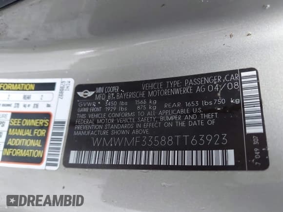 ✅ 2008 MINI Hardtop • VIN: WMWMF33588TT63923 • Lot: 43849823. Listed on IAAI with 112,756 mi. Free auction sales archive from the USA and detailed vehicle history report at DreamBid. Image 9.