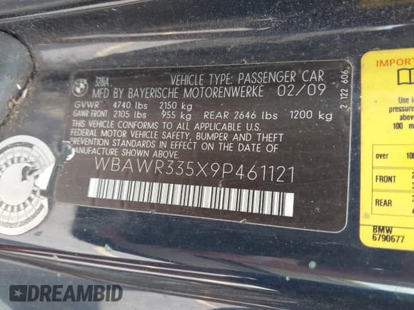 ✅ 2009 BMW 3 Series 328i • VIN: WBAWR335X9P461121 • Lot: 42685056. Listed on IAAI with 144,589 mi. Free auction sales archive from the USA and detailed vehicle history report at DreamBid. Image 9.