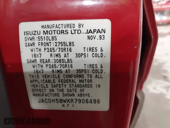 ✅ 1994 Isuzu Trooper LS • VIN: JACDH58WXR7906496 • Лот: 42355985. Опубликован ранее на IAAI с пробегом 203 592 миль. Бесплатный доступ к архиву аукционных продаж из США и подробный отчёт об истории автомобиля на DreamBid. Изображение 9.