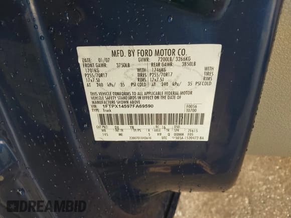 ✅ 2007 Ford F-150 XLT • VIN: 1FTPX14597FA69590 • Лот: 43726993. Опубликован ранее на IAAI с пробегом 216 375 миль. Бесплатный доступ к архиву аукционных продаж из США и подробный отчёт об истории автомобиля на DreamBid. Изображение 9.