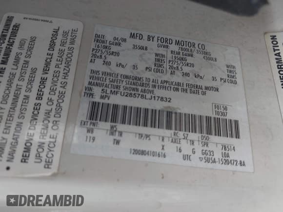 ✅ 2008 Lincoln Navigator • VIN: 5LMFU28578LJ17832 • Лот: 43301522. Опубликован ранее на IAAI с пробегом 271 211 миль. Бесплатный доступ к архиву аукционных продаж из США и подробный отчёт об истории автомобиля на DreamBid. Изображение 9.