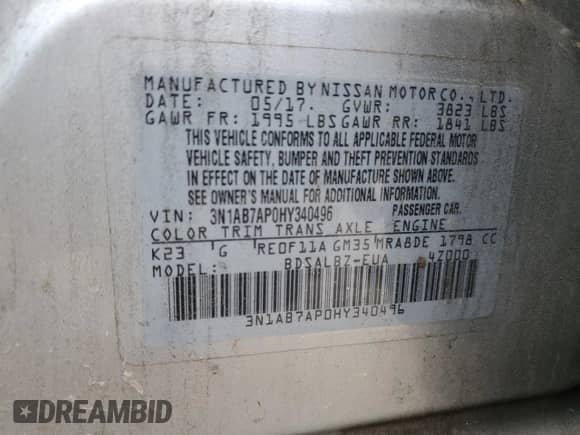 2017 Nissan Sentra SR with VIN 3N1AB7AP0HY340496, listed as a Copart auction lot 81978535 with 322,252 mi miles and Clean title. Bid and sale history available at DreamBid. Image 12.