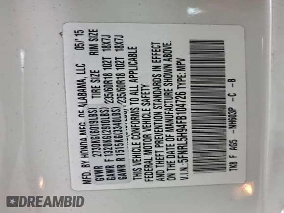 ✅ 2015 Honda Odyssey Touring Elite • VIN: 5FNRL5H94FB104726 • Lot: 96195135. Listed on Copart with 51,594 mi. Free auction sales archive from the USA and detailed vehicle history report at DreamBid. Image 13.